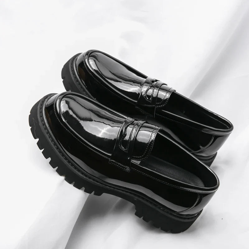 Men's black chunky sole loafers slip-on dress shoes with ridged sole modern classic style