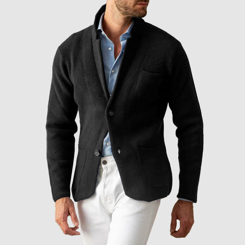 Men's soft knit blazer jacket two-button front notch lapel patch pockets smart casual professional style