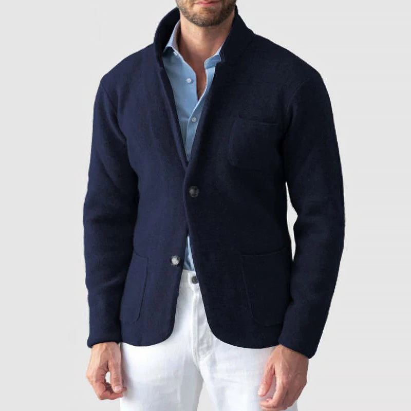Men's soft knit blazer jacket two-button front notch lapel patch pockets smart casual professional fit