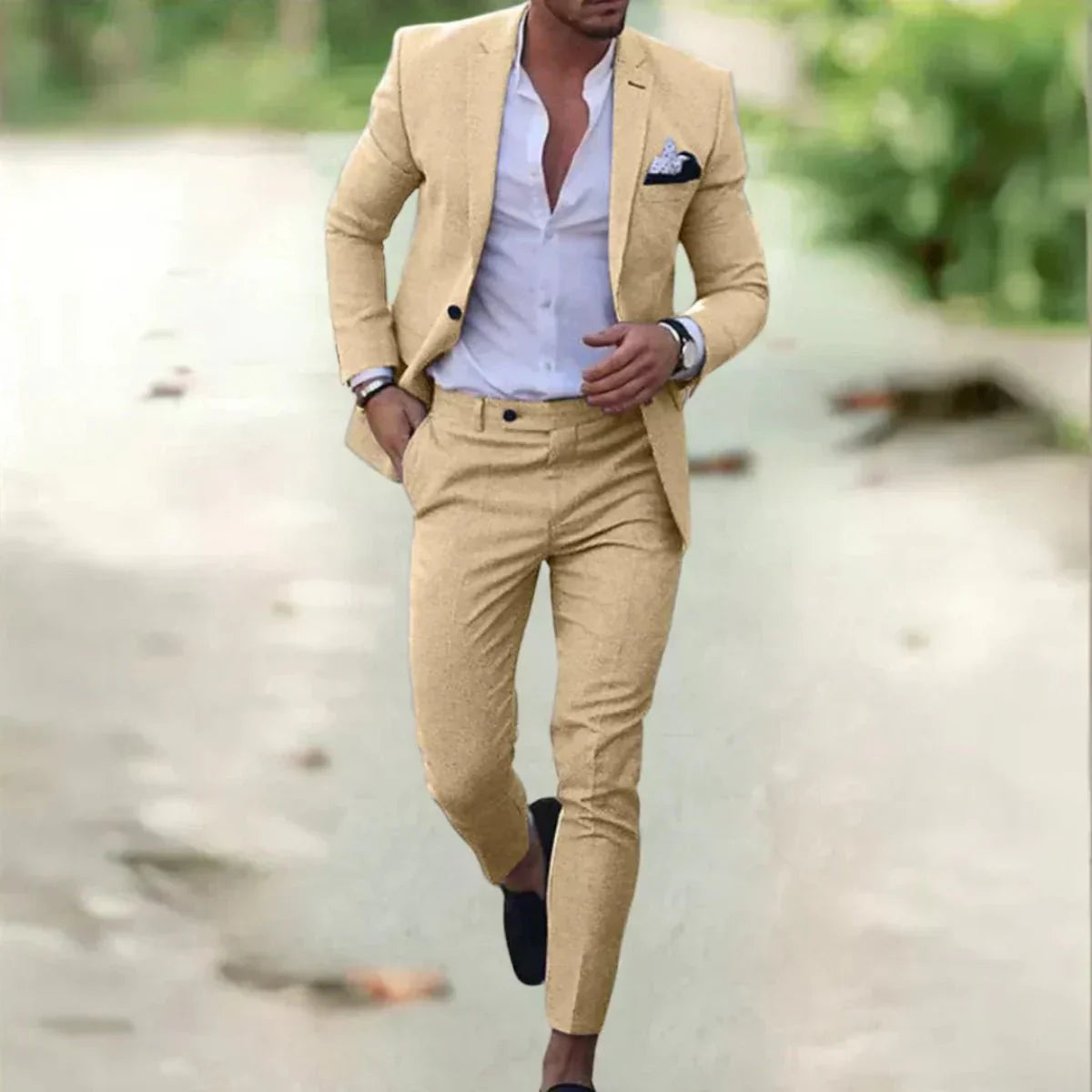 Navy slim fit two-piece men's business suit set with tailored cut and sharp formal silhouette