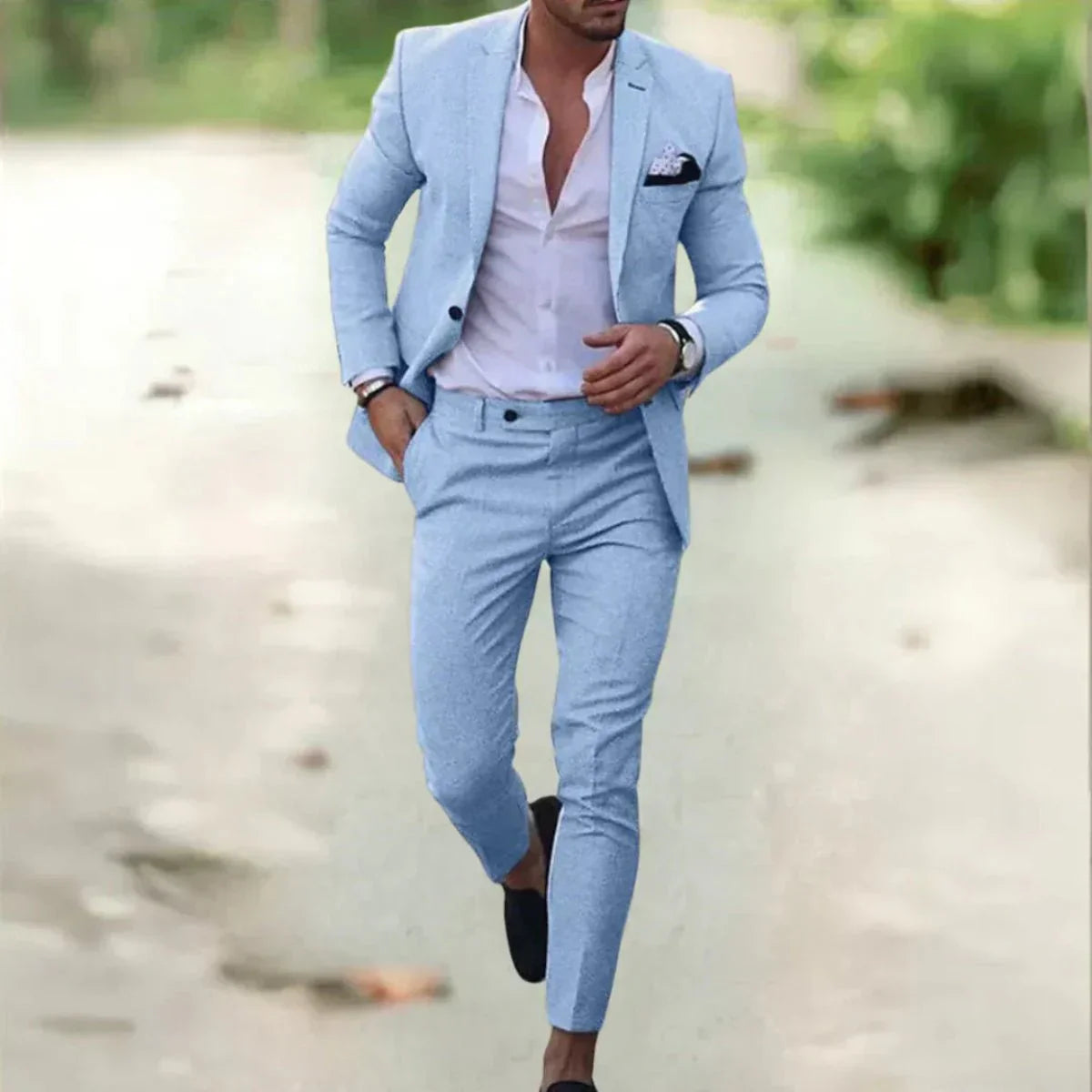 Men's slim fit navy blue formal business suit set tailored two-piece sharp modern silhouette