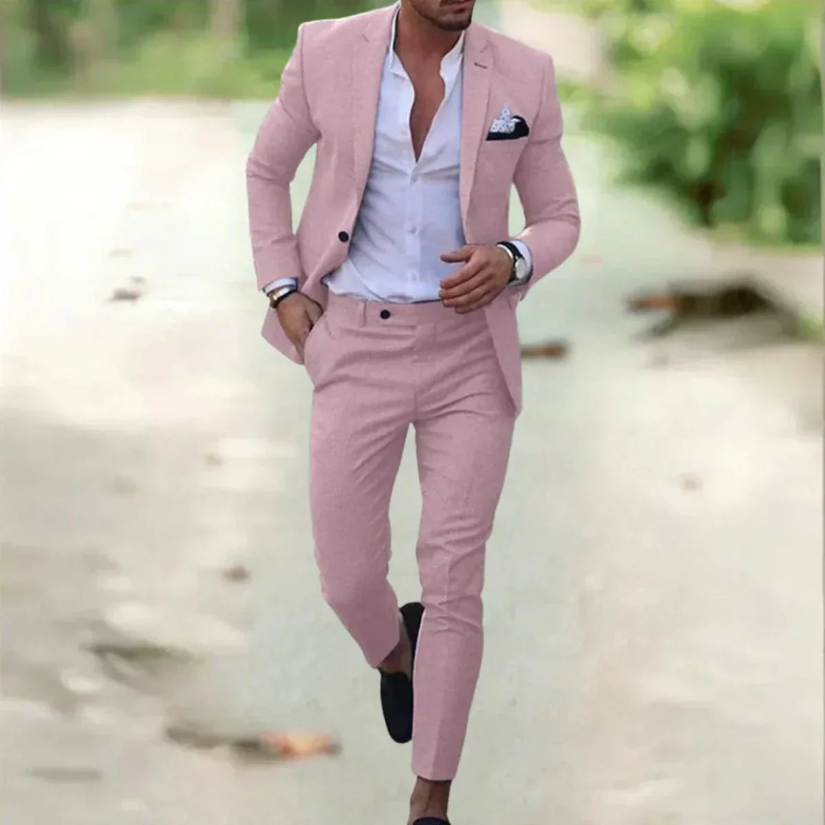 Men's slim fit navy blue formal business suit set tailored two-piece sharp professional look