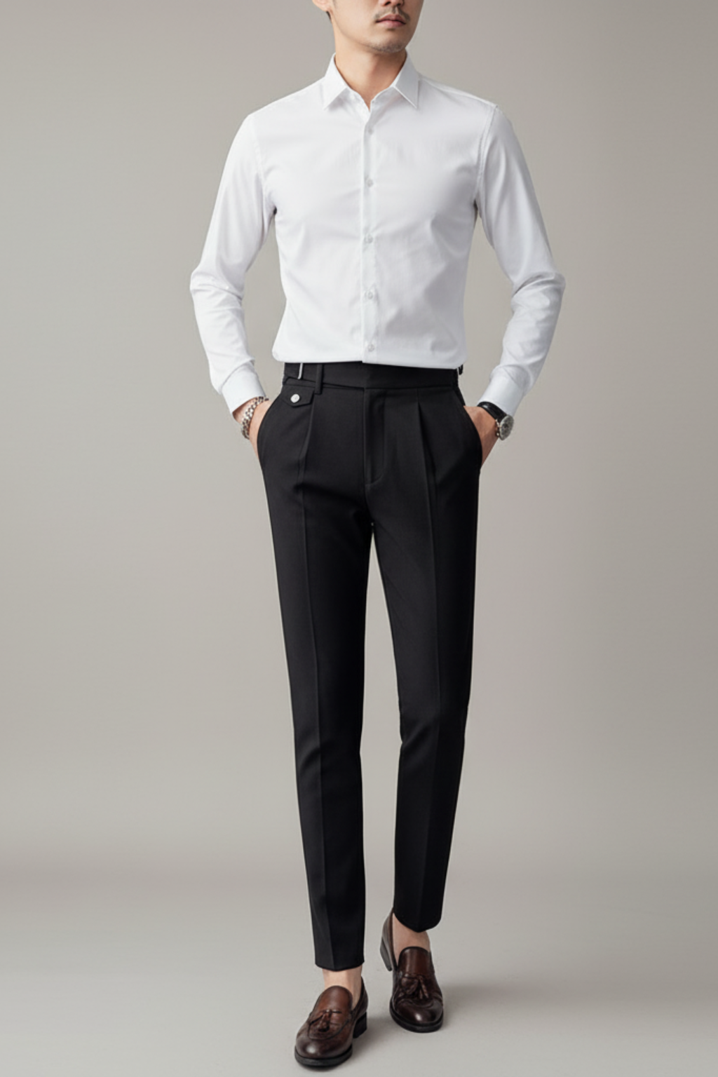Men's slim-fit pleated dress trousers tailored British cut structured waistband detail professional style