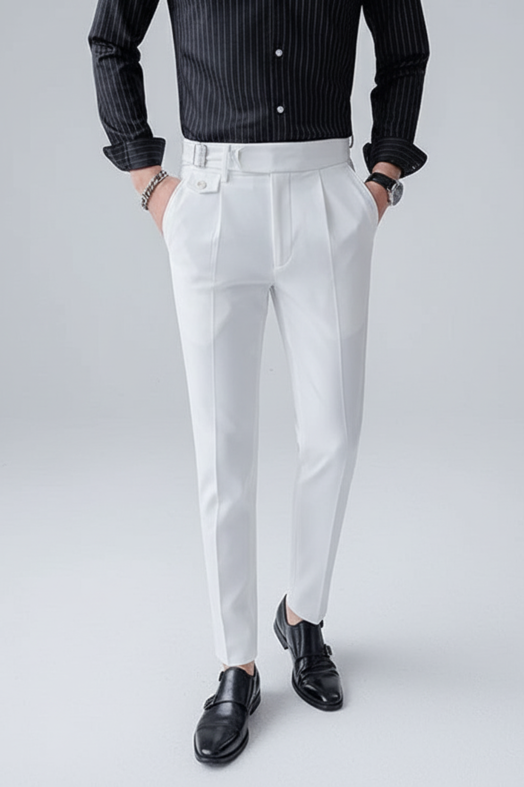Men's slim-fit pleated dress trousers tailored British cut with structured waistband detail