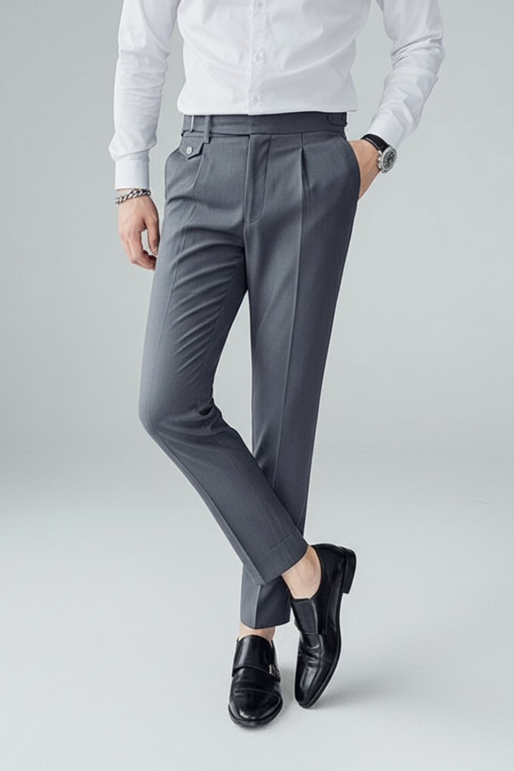Men's slim-fit pleated business trousers tailored cut structured waistband detail professional style