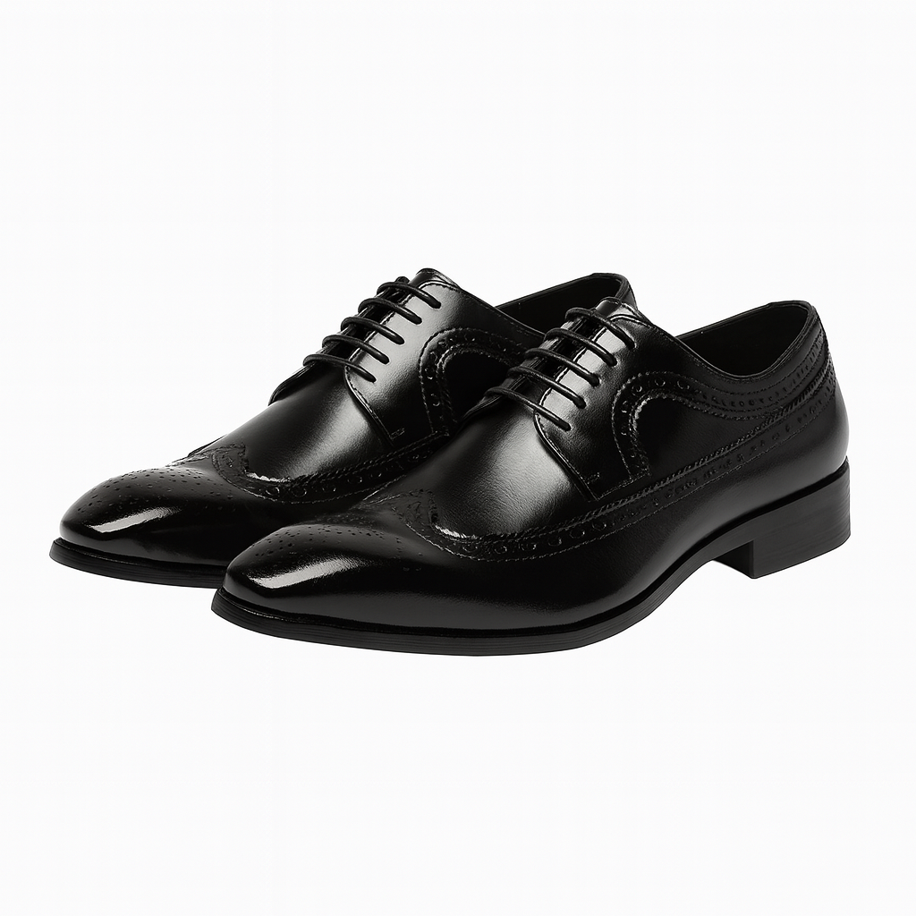 Men's black brogue Oxford shoes with wingtip detailing and perforations, classic formal lace-up style