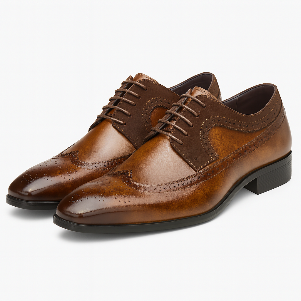 Men's two-tone brown brogue Oxford shoes with classic wingtip design and almond-shaped toe