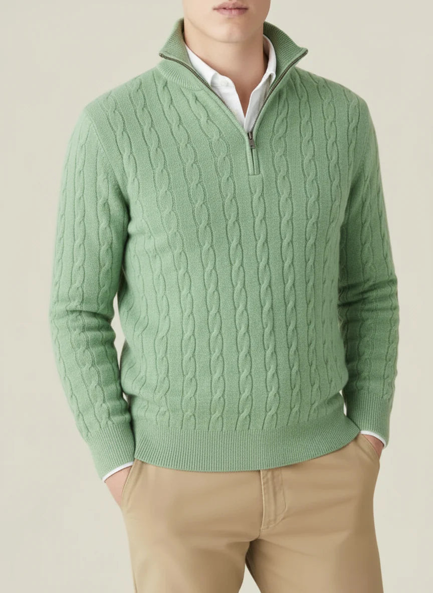Men's cable knit half-zip jumper stand collar rib trim smart casual office weekend versatile