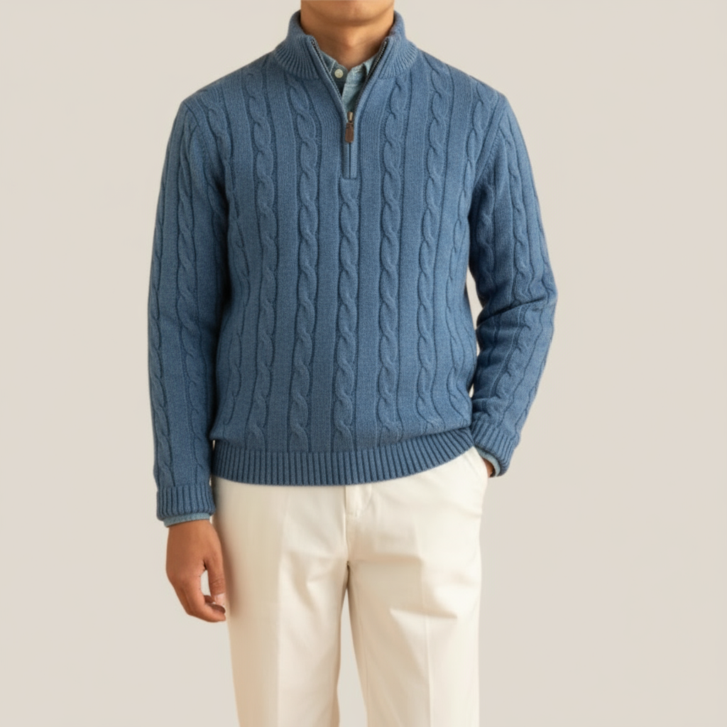 Men's cable knit half zip jumper stand collar rib trim smart casual office weekend versatile