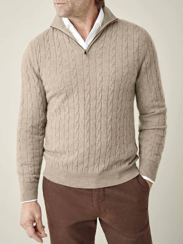 Men's cable knit half-zip jumper stand collar rib trim smart casual office weekend versatile