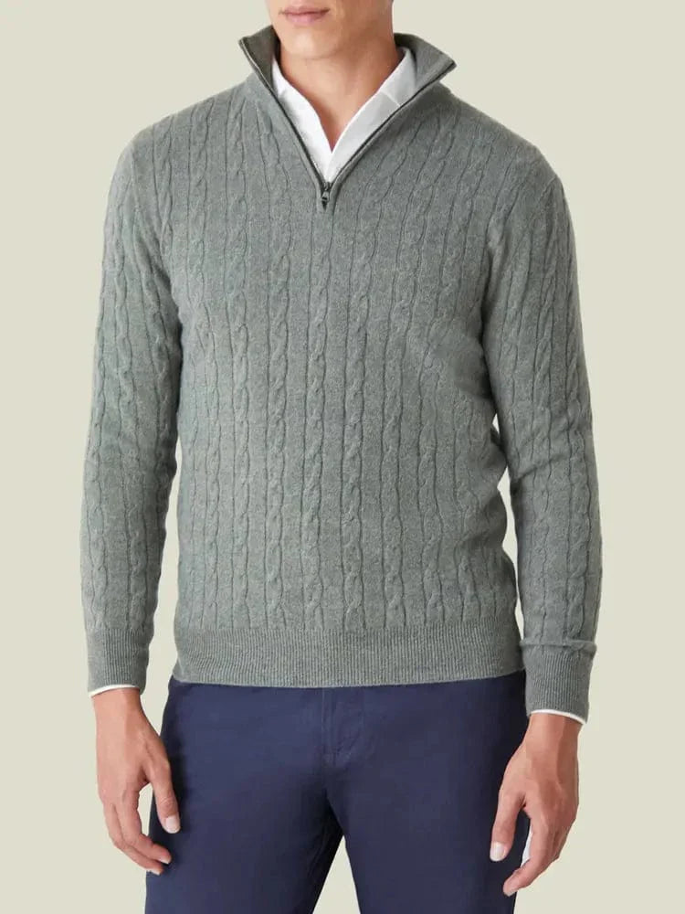 Men's cable knit half zip jumper stand collar rib trim smart casual versatile warmth