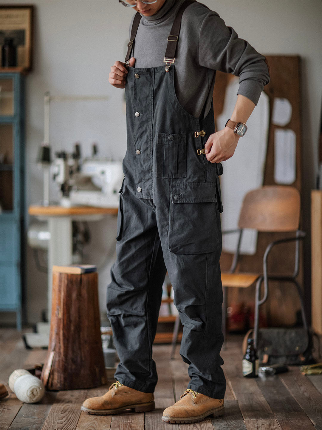 Men's rugged canvas overalls brown durable workwear with flap pockets and button front closure