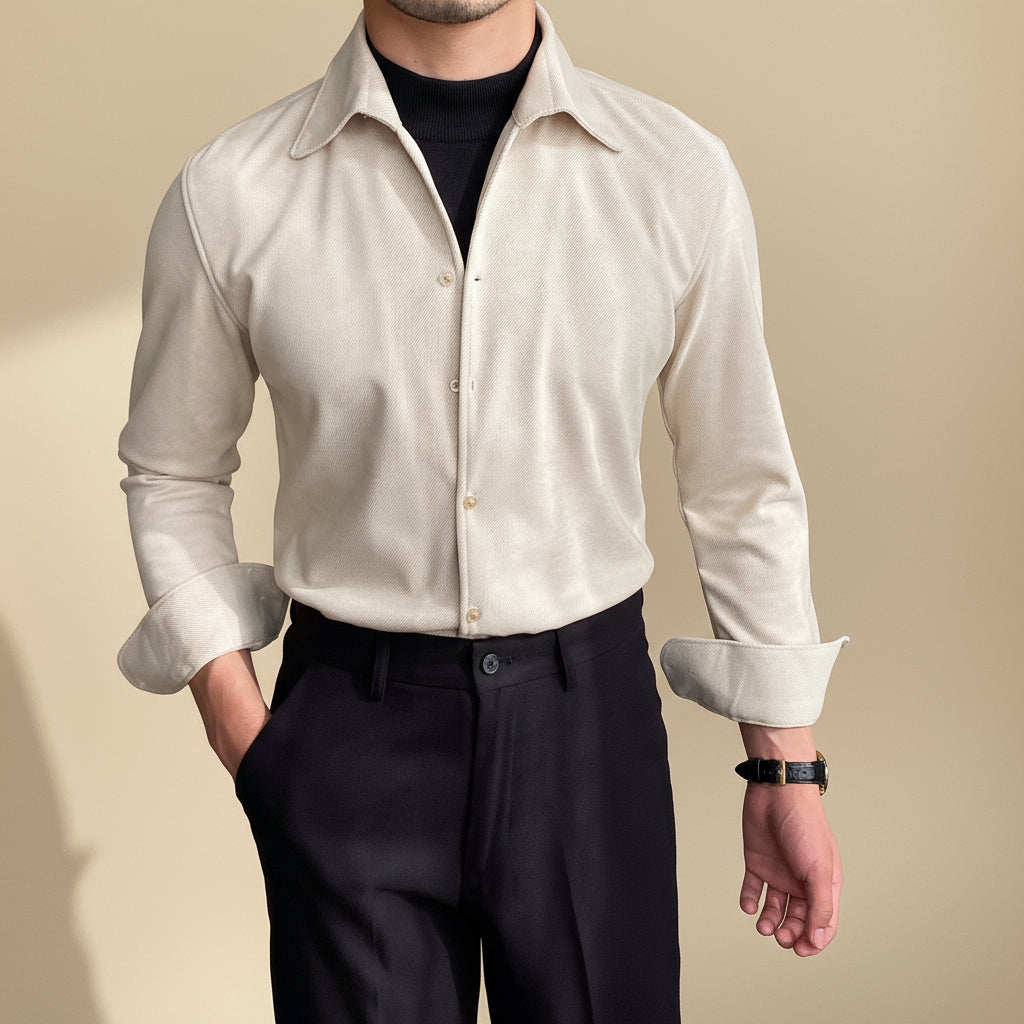 Men's slim fit long sleeve button-up shirt structured collar minimalist design work weekend versatility