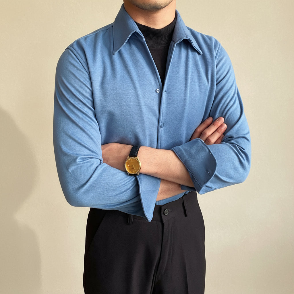 Men's slim fit long sleeve button-up shirt with structured collar for work and weekend wear