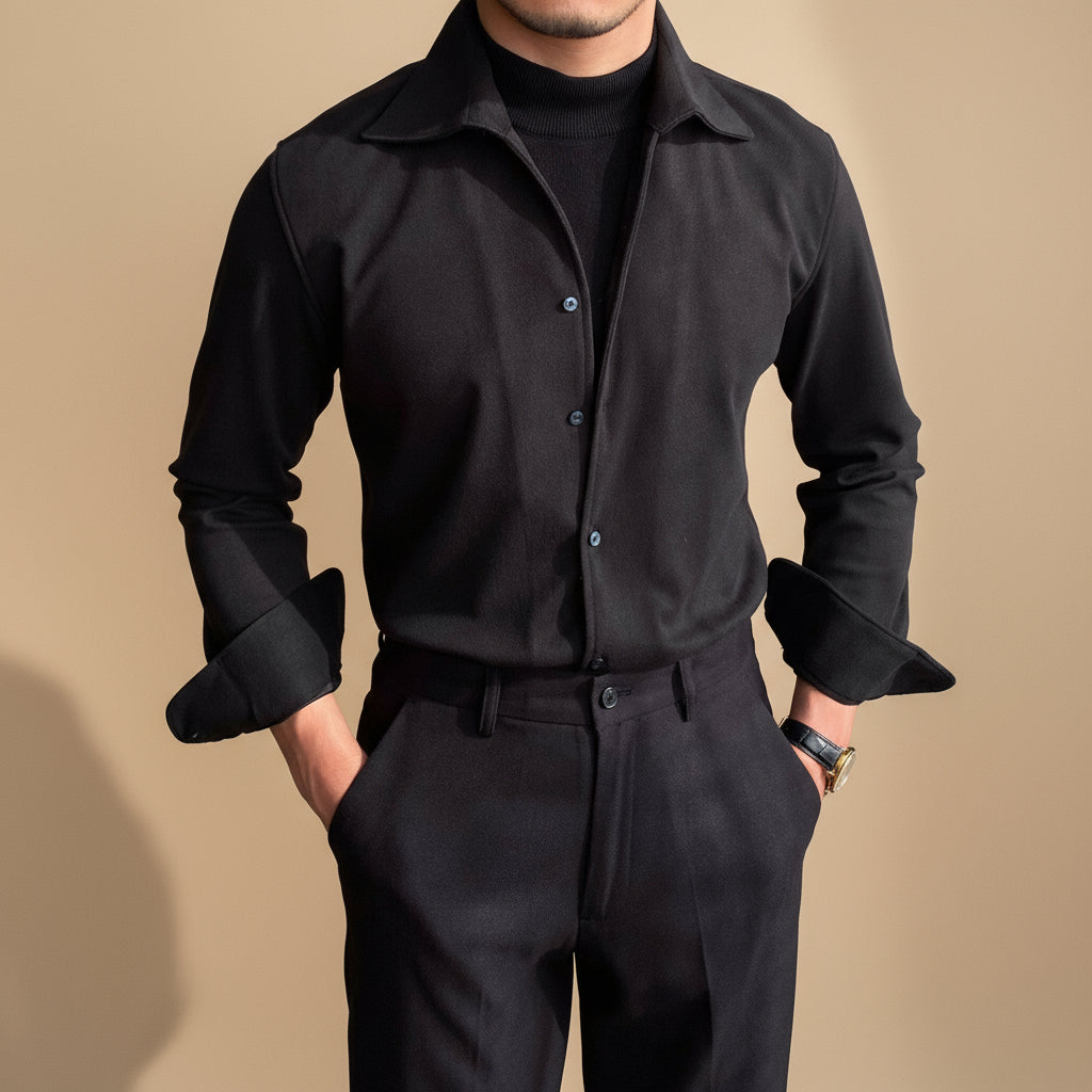Men's slim fit long sleeve button-up shirt structured collar minimalist design work weekend versatility