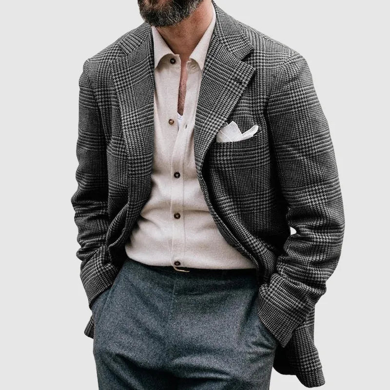 Men's tailored checkered blazer with notched lapel, structured fit for sharp smart-casual versatility