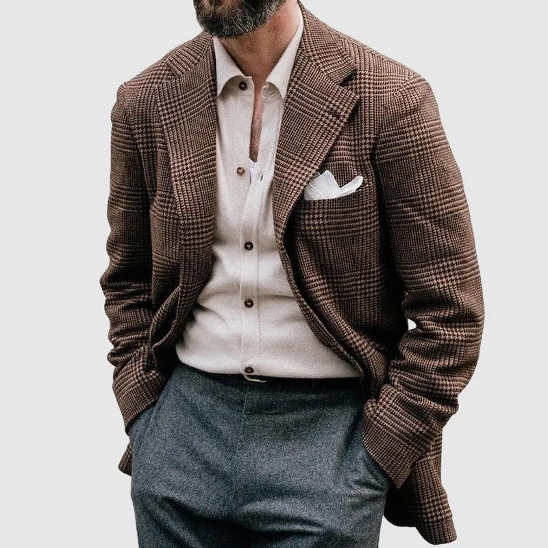 Men's navy checkered blazer tailored fit with notched lapel for sharp structured silhouette