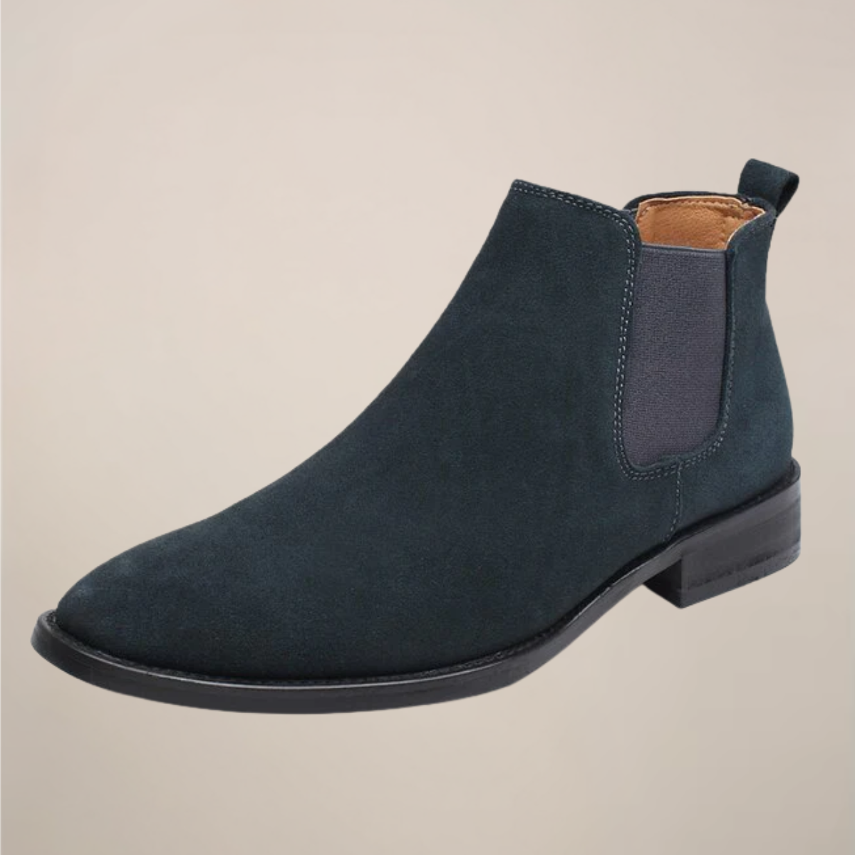Men's beige Chelsea ankle boots with elastic side panels and pull tab for effortless style