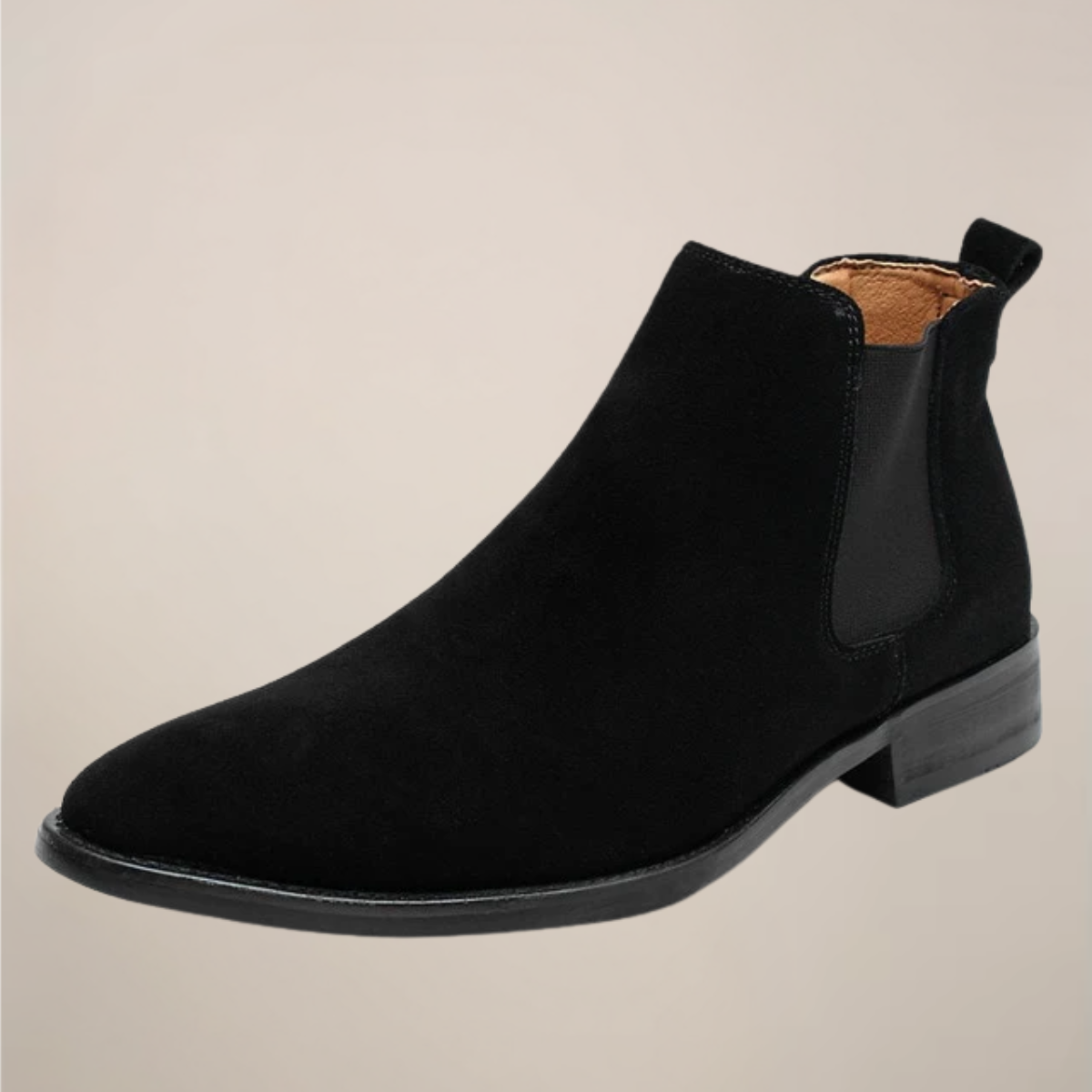 Men's beige Chelsea ankle boots with elastic side panels and pull tab for easy wear