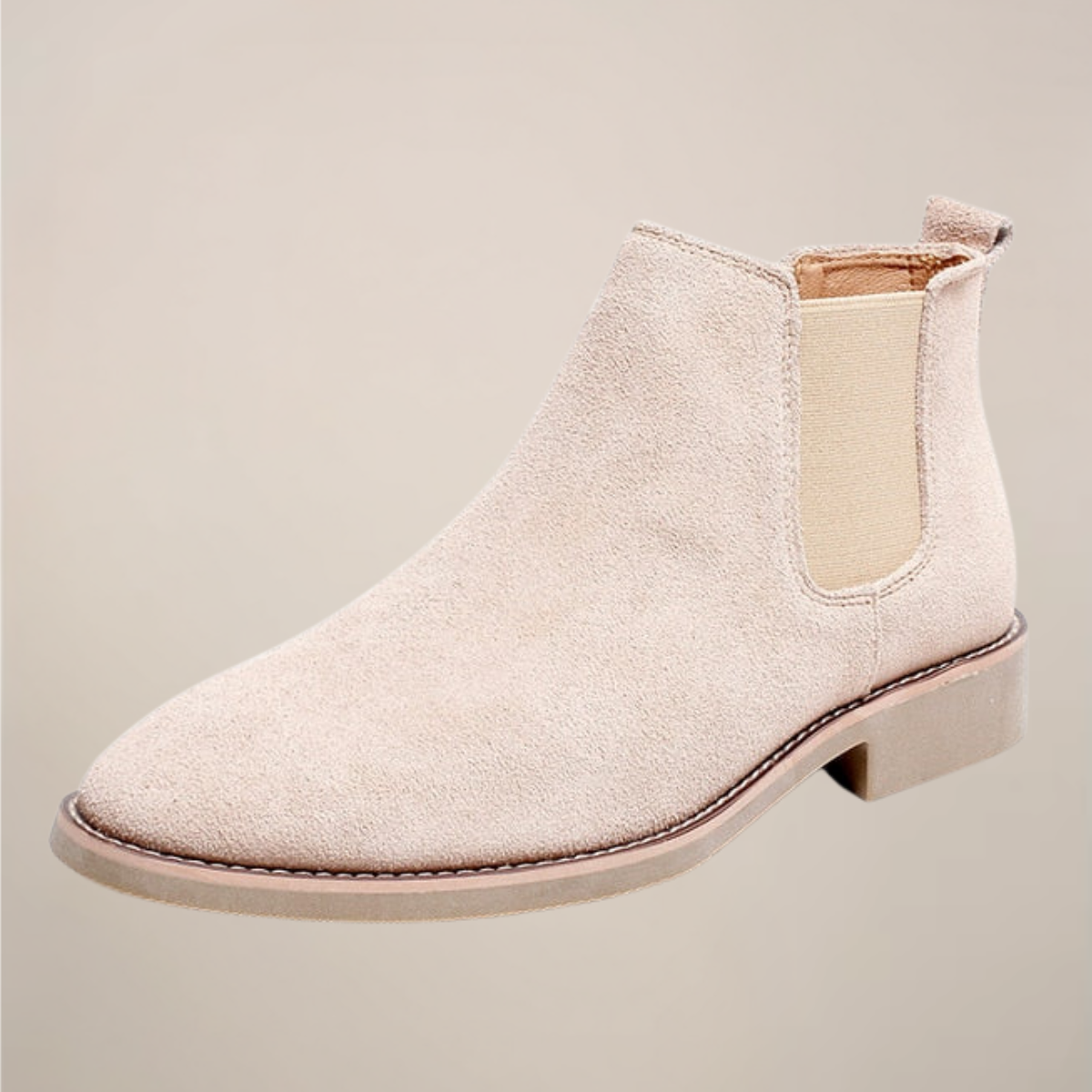 Men's beige Chelsea ankle boots with elastic side panels and pull tab for effortless style