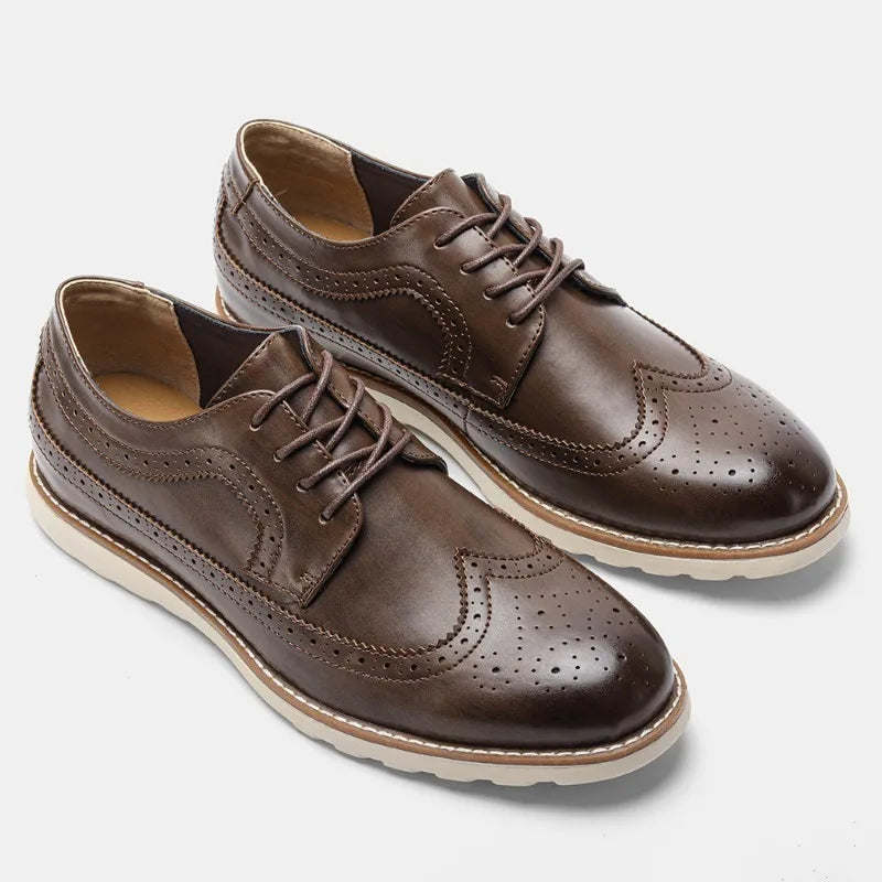 Men's classic brogue oxford shoes brown leather wingtip design cushioned sole formal style
