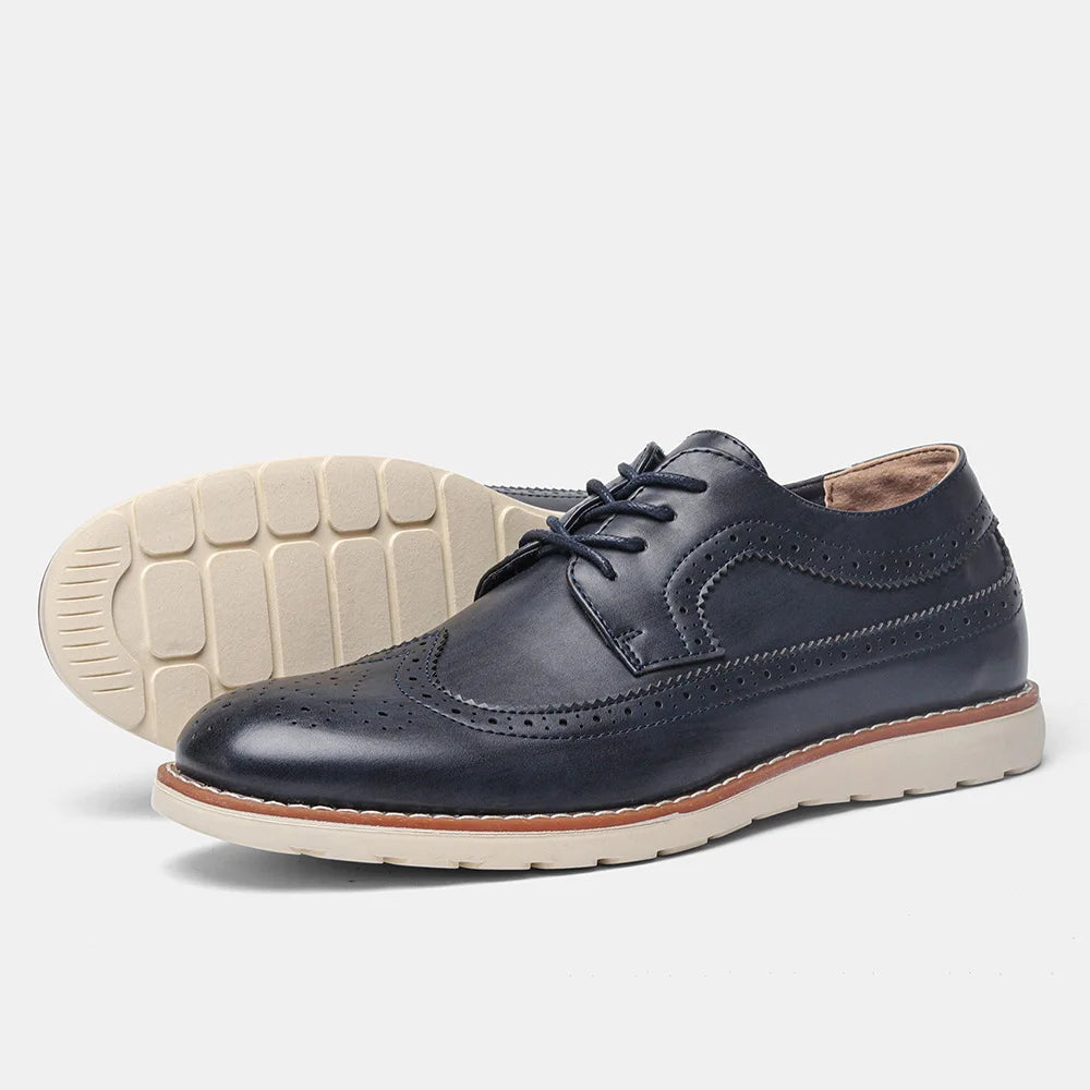 Men's brown brogue Oxford shoes wingtip design cushioned sole classic formal style
