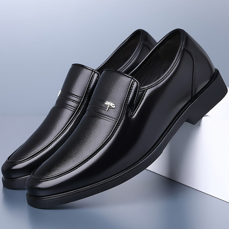 Men's black slip-on loafers sleek rounded toe lightweight metal detail professional comfort
