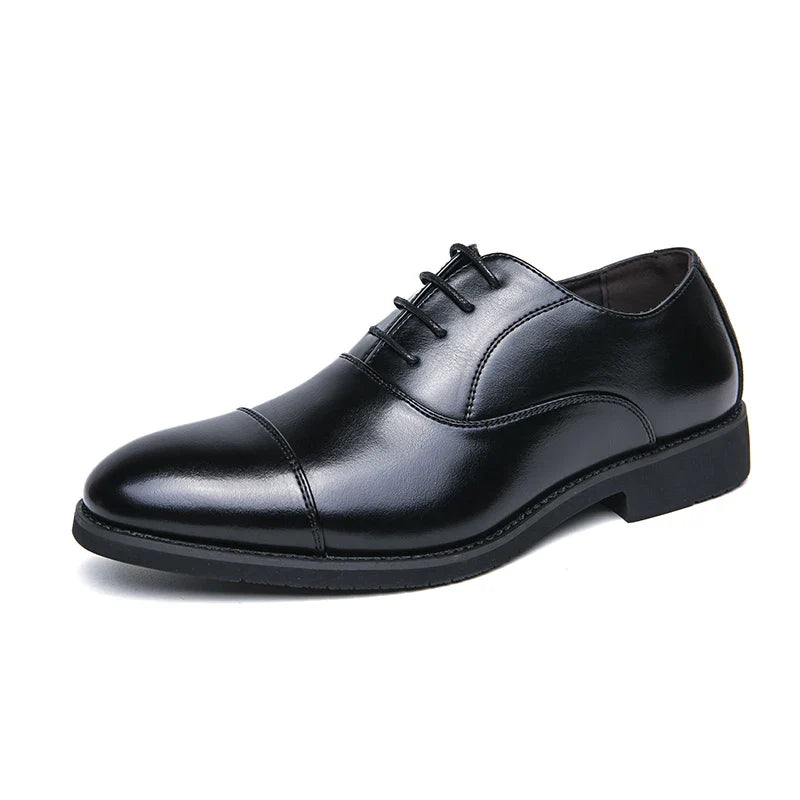 Men's black cap-toe Oxford dress shoes with cushioned interior and classic lace-up closure