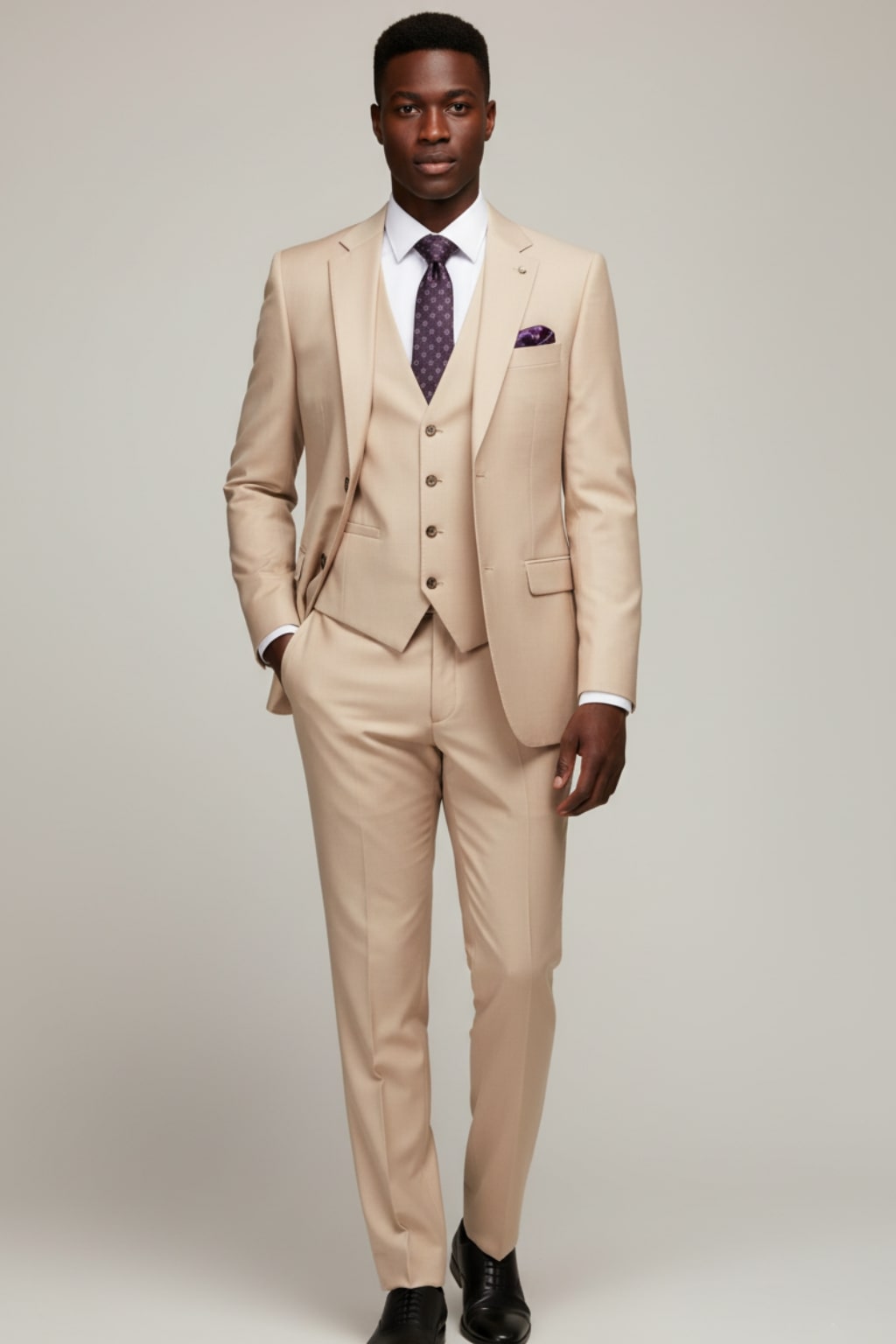 Men's classic black three-piece suit tailored fit with structured blazer, waistcoat, and flat-front trousers