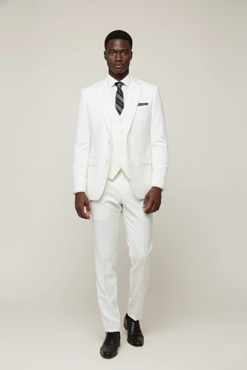 Men's classic navy three-piece suit tailored fit structured blazer waistcoat trousers wedding formal