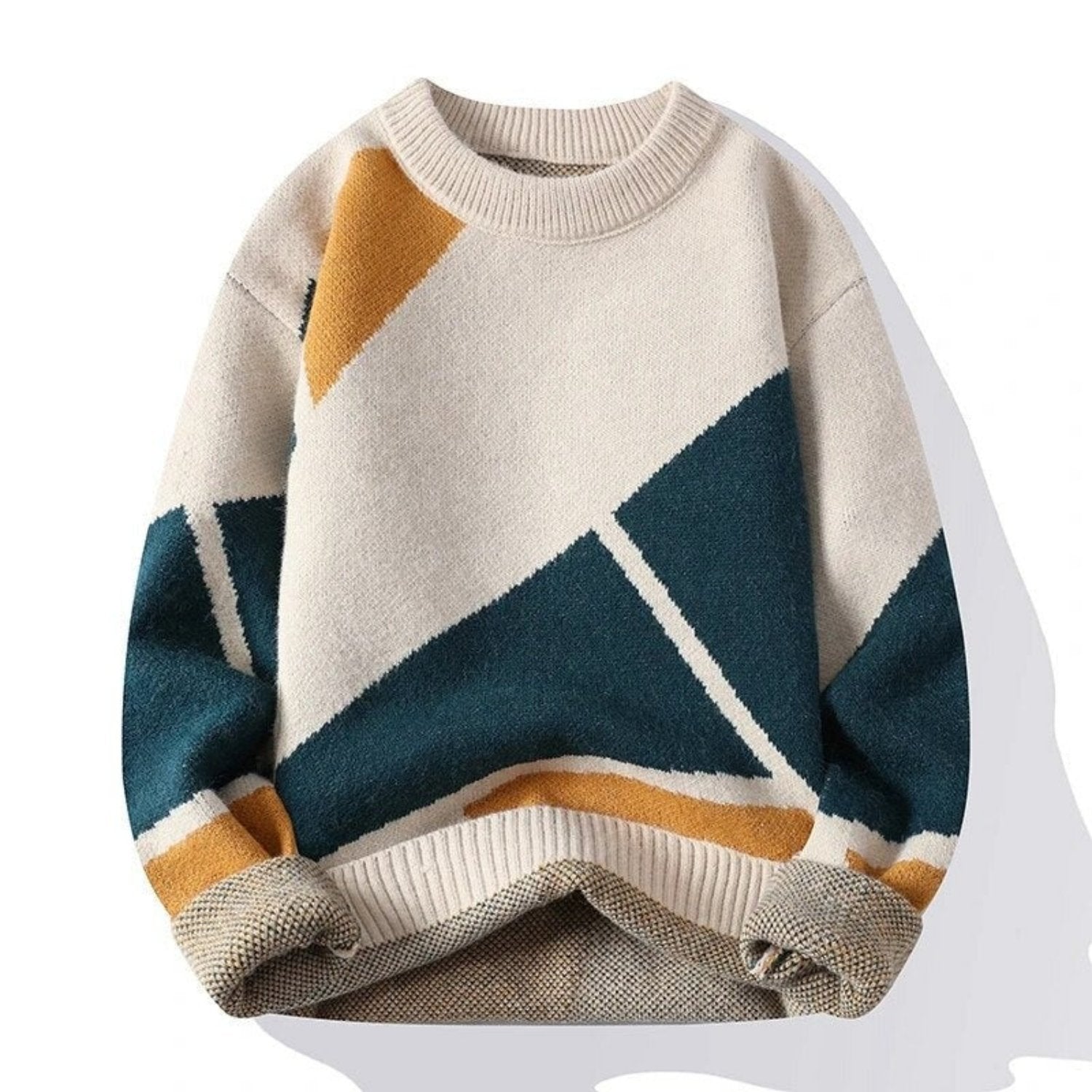 Men's geometric colour-block knit jumper crew neck long sleeves soft-handle fabric modern layering
