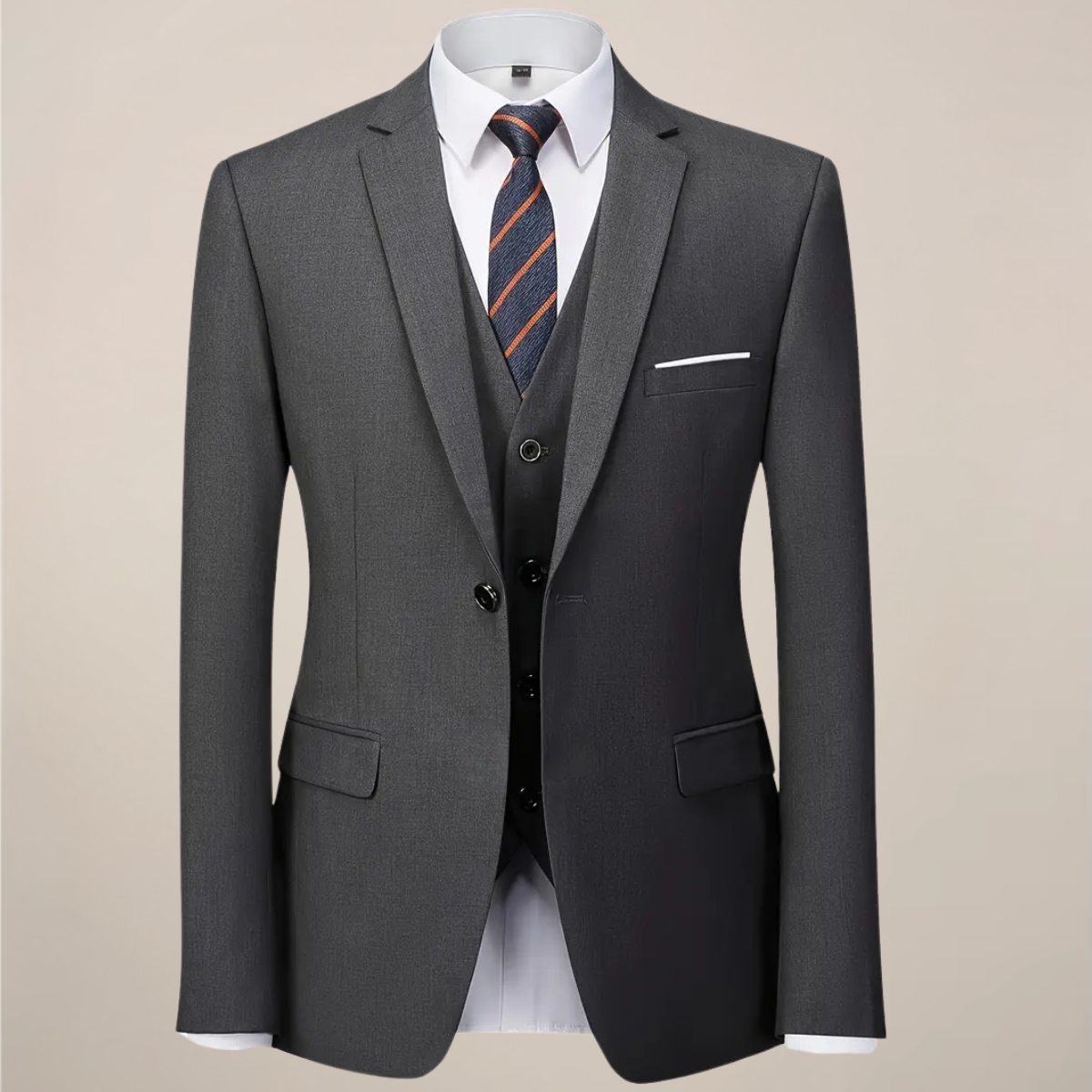 Charcoal slim fit three-piece suit with structured blazer, waistcoat, and tapered trousers for men