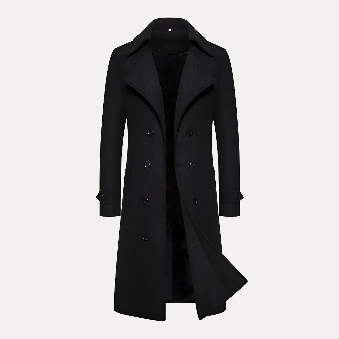 Men's dark double-breasted long overcoat, peak lapels, tailored trench silhouette, structured winter fit