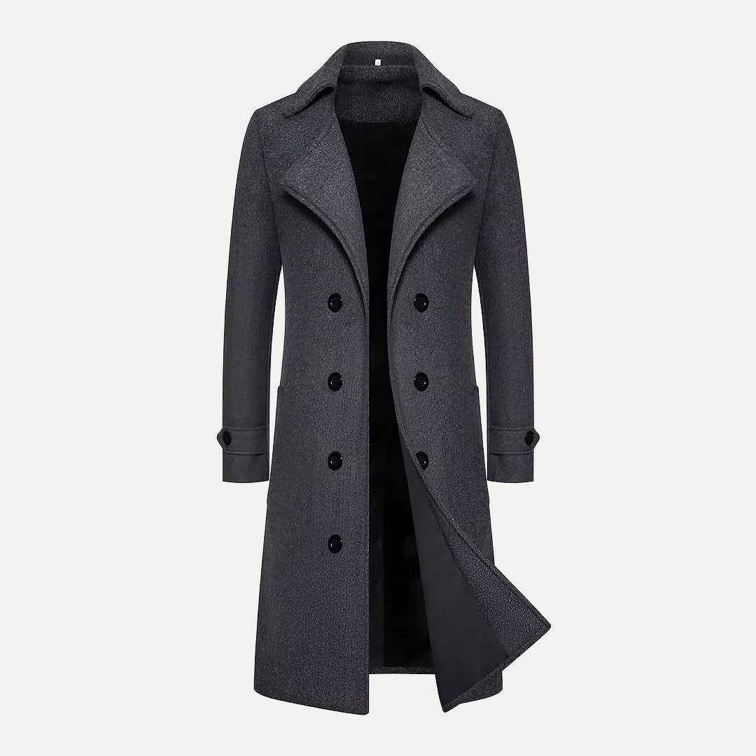 Men's double-breasted long overcoat, peak lapels, tailored trench silhouette, polished winter style