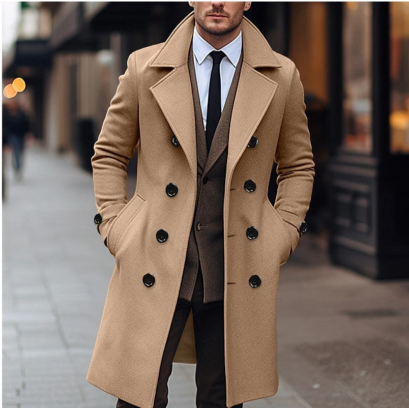 Men's dark double-breasted long wool overcoat tailored fit with structured shoulders and wide lapels