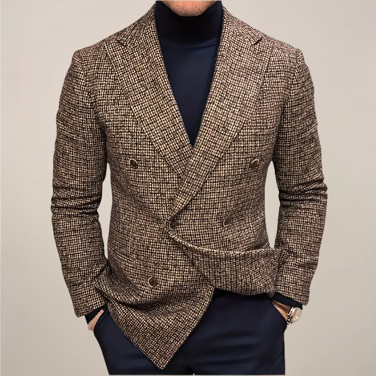 Men's slim fit double-breasted check pattern blazer tailored jacket for office and events