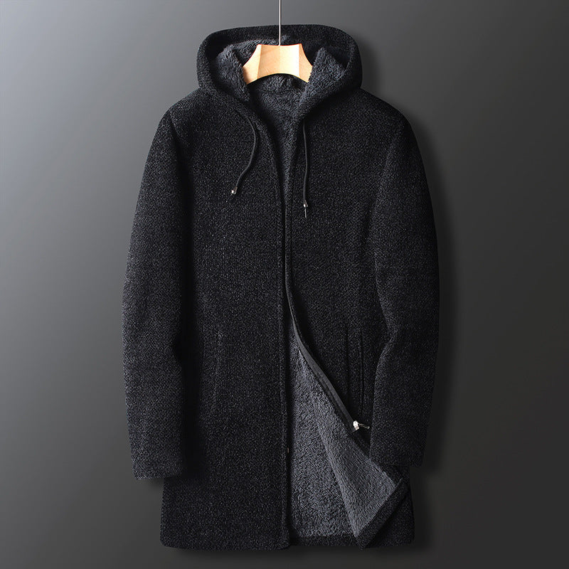 Men's full-length hooded coat relaxed fit in neutral tone with cozy layering design