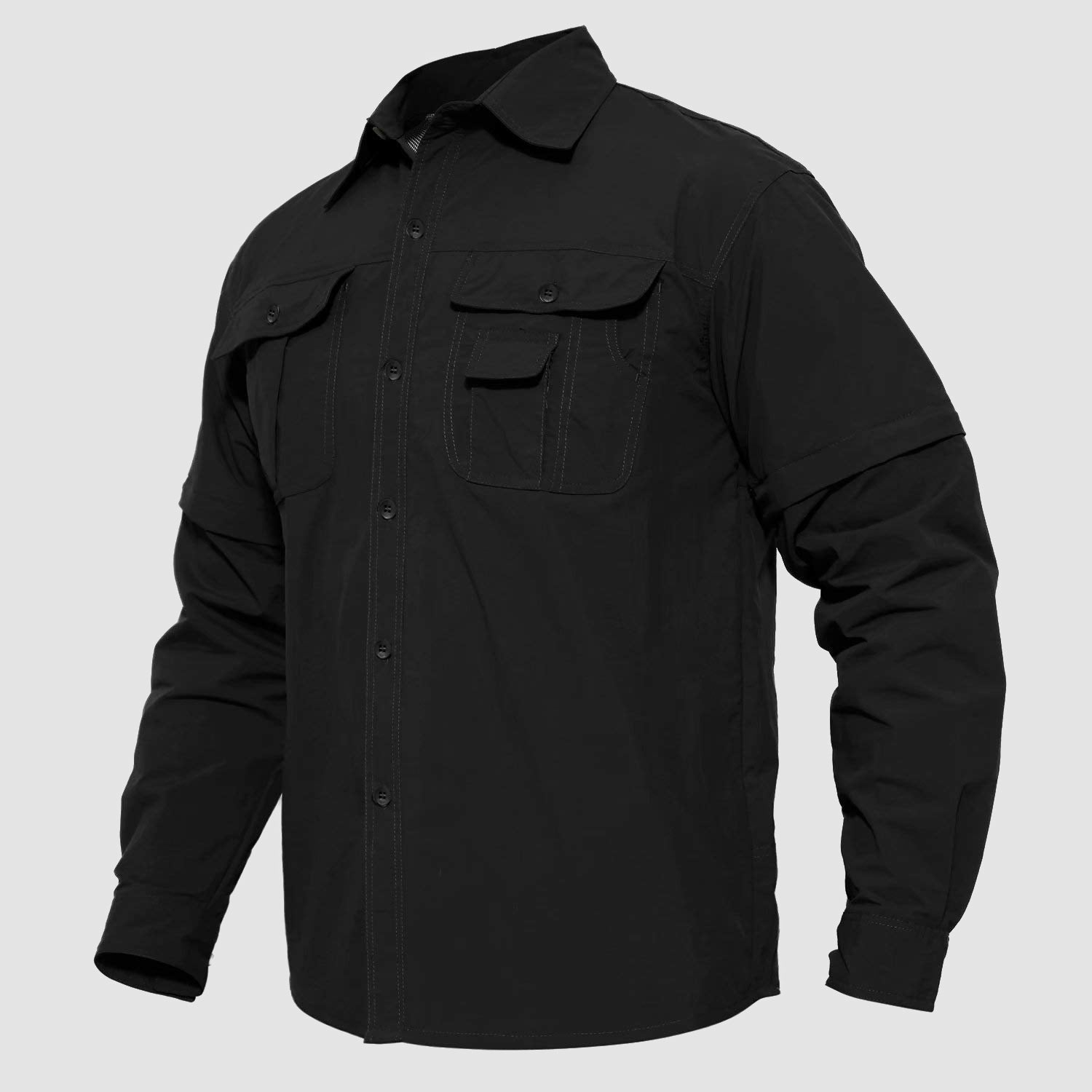 Men's khaki ripstop nylon tactical shirt with convertible sleeves, quick-dry breathable design for fishing hiking