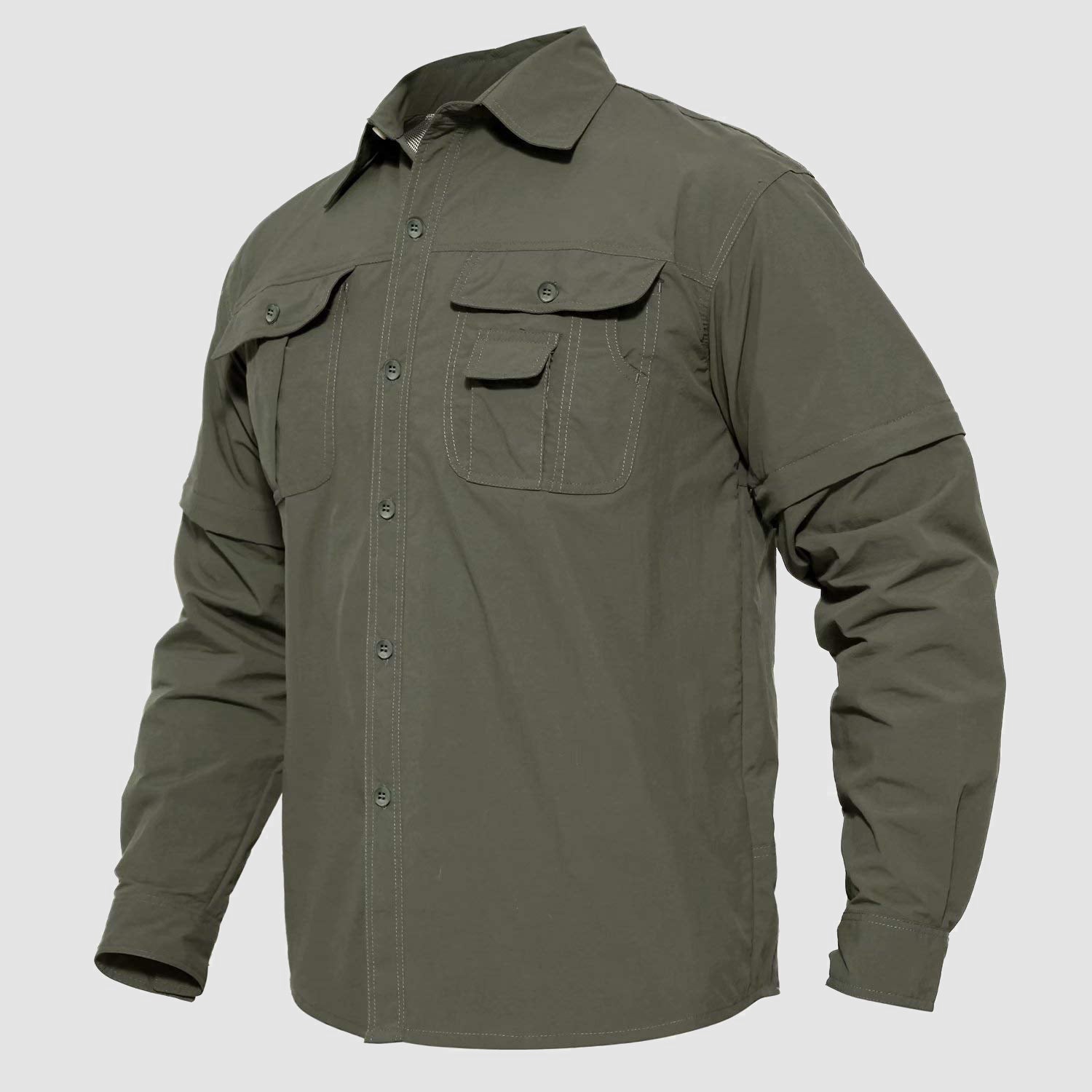 Men's olive green convertible sleeve tactical shirt in breathable ripstop nylon for fishing and hiking