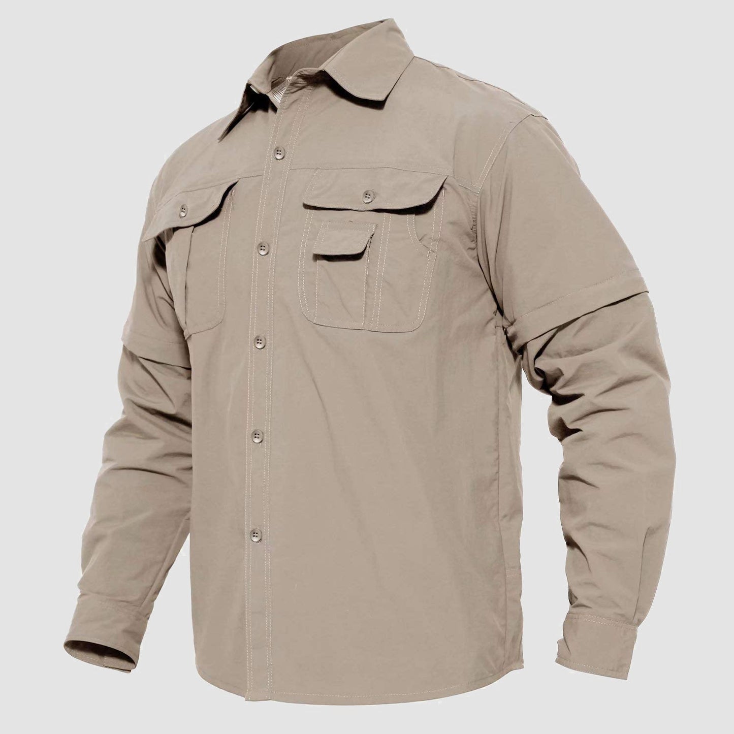 Men's olive green quick-dry tactical ripstop nylon shirt with convertible sleeves for fishing hiking