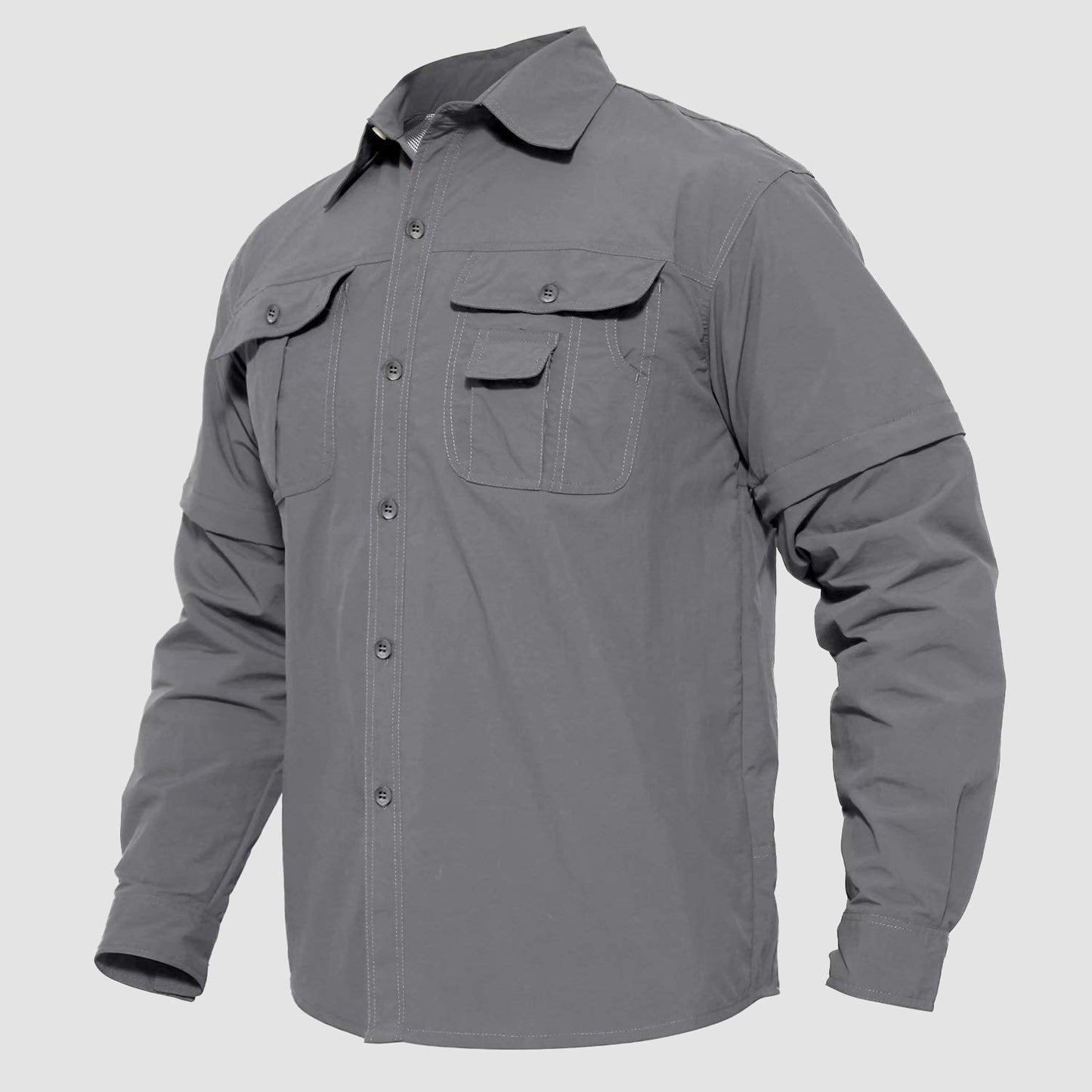Men's olive green tactical ripstop nylon fishing shirt with convertible sleeves and breathable mesh lining