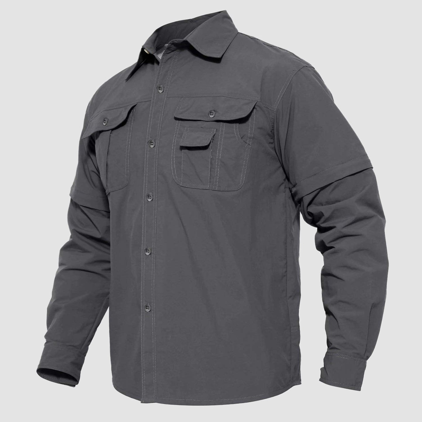 Men's olive green tactical fishing shirt with convertible sleeves and breathable ripstop nylon fabric
