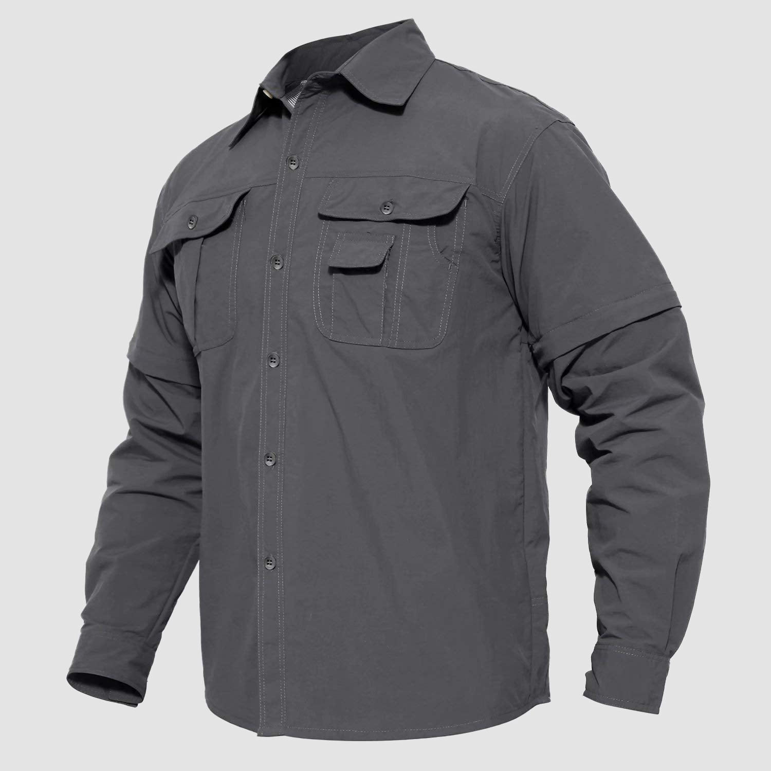 Men's olive green tactical fishing shirt with convertible sleeves and breathable ripstop nylon fabric