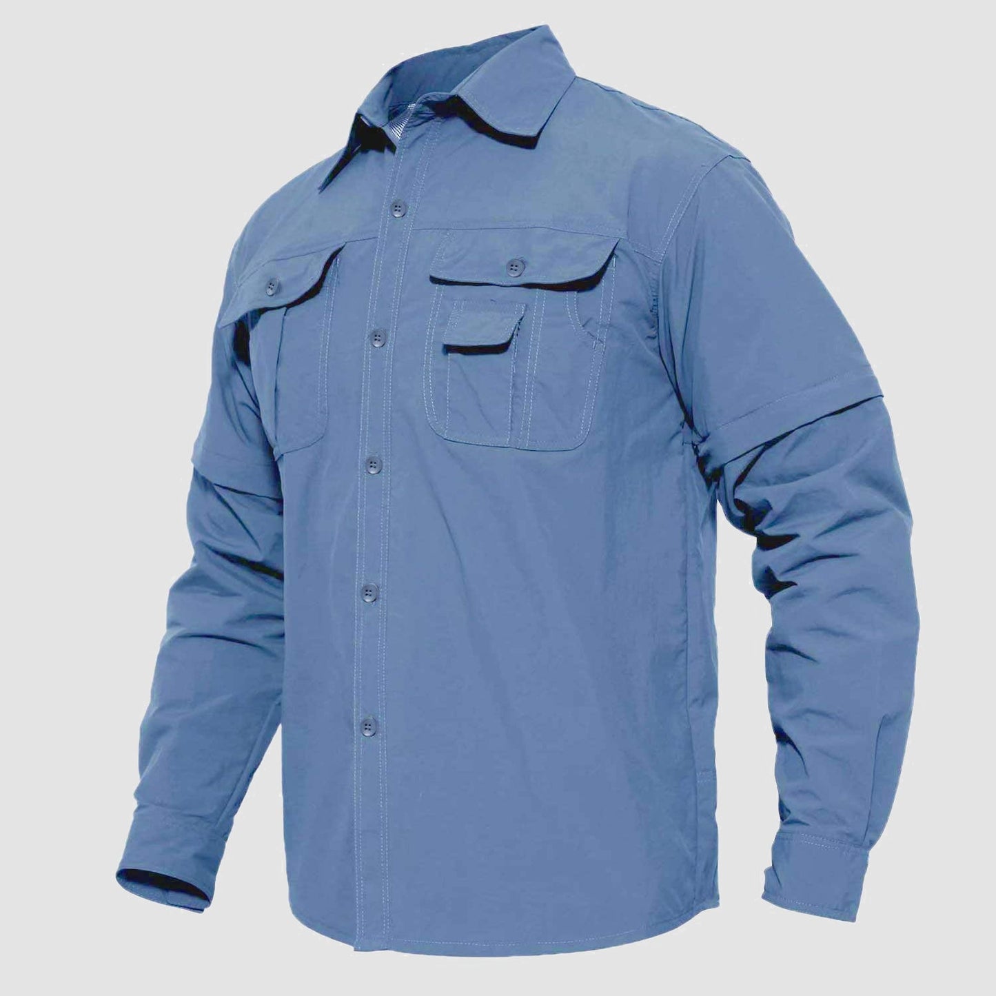 Men's olive green tactical fishing shirt with convertible sleeves and breathable ripstop nylon fabric
