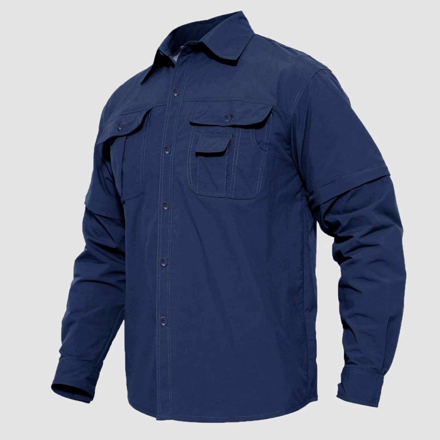 Men's olive green tactical fishing shirt with convertible sleeves and breathable ripstop nylon construction