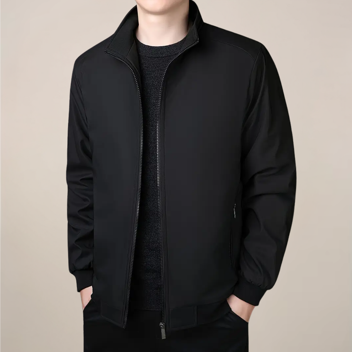 Men's fleece-lined zip-up winter jacket with stand collar and silk-feel exterior