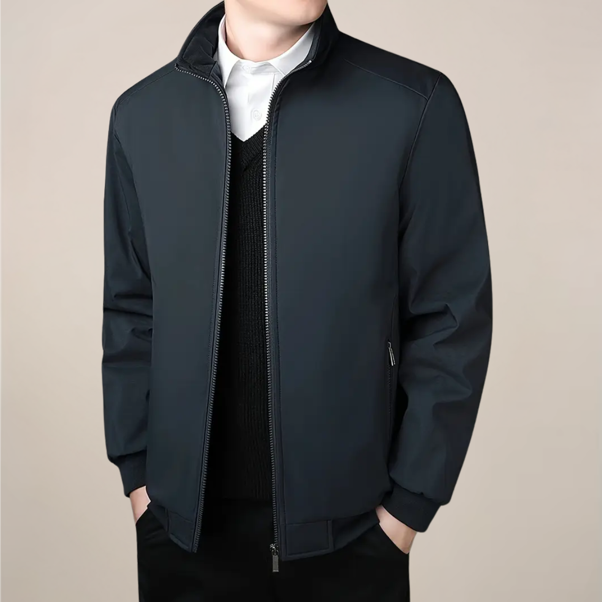 Men's fleece-lined zip-up winter jacket silk exterior stand collar warm smart-casual coat