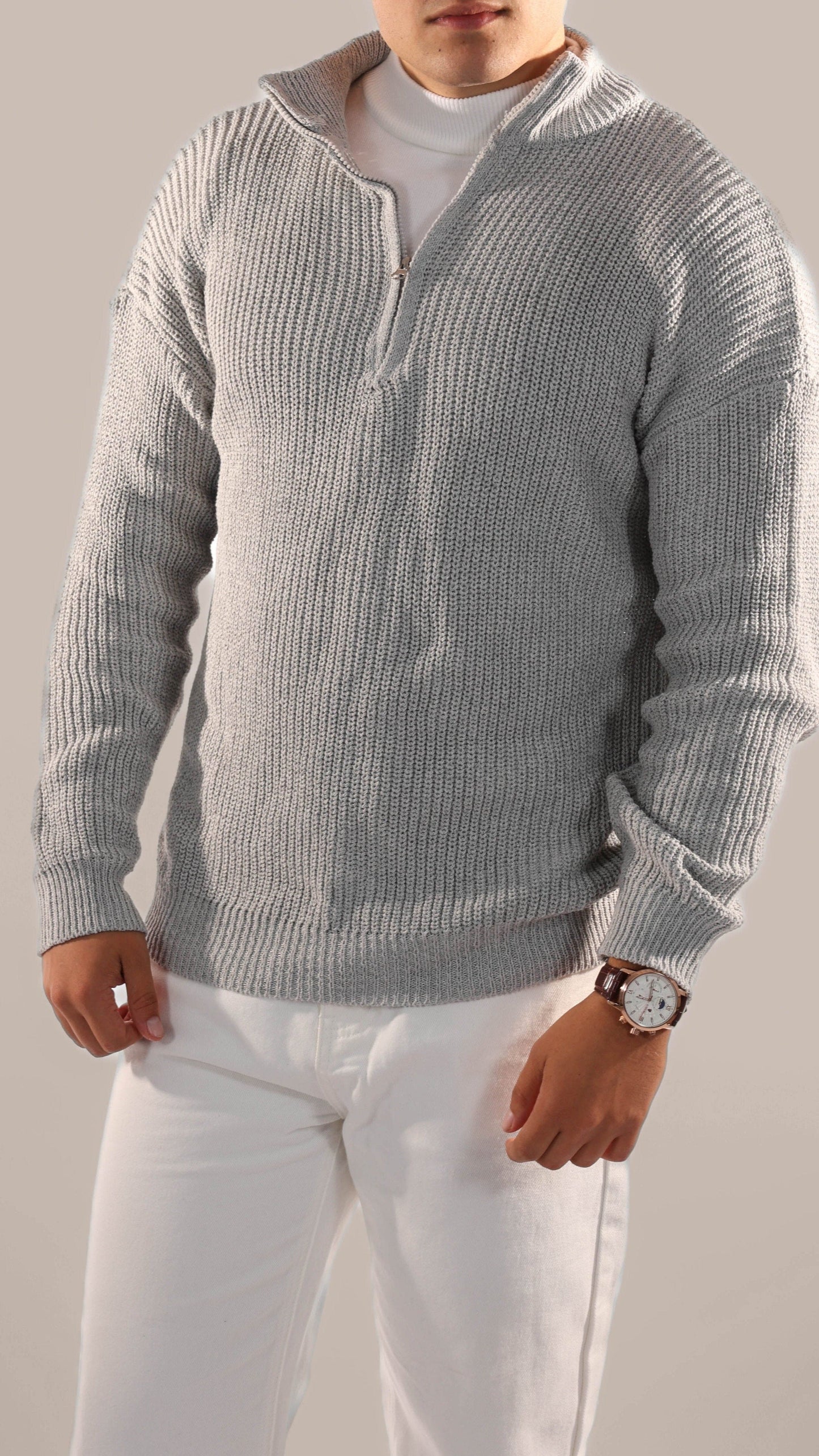 Men's khaki half zip knitted jumper with stand collar, ribbed cuffs and streamlined silhouette