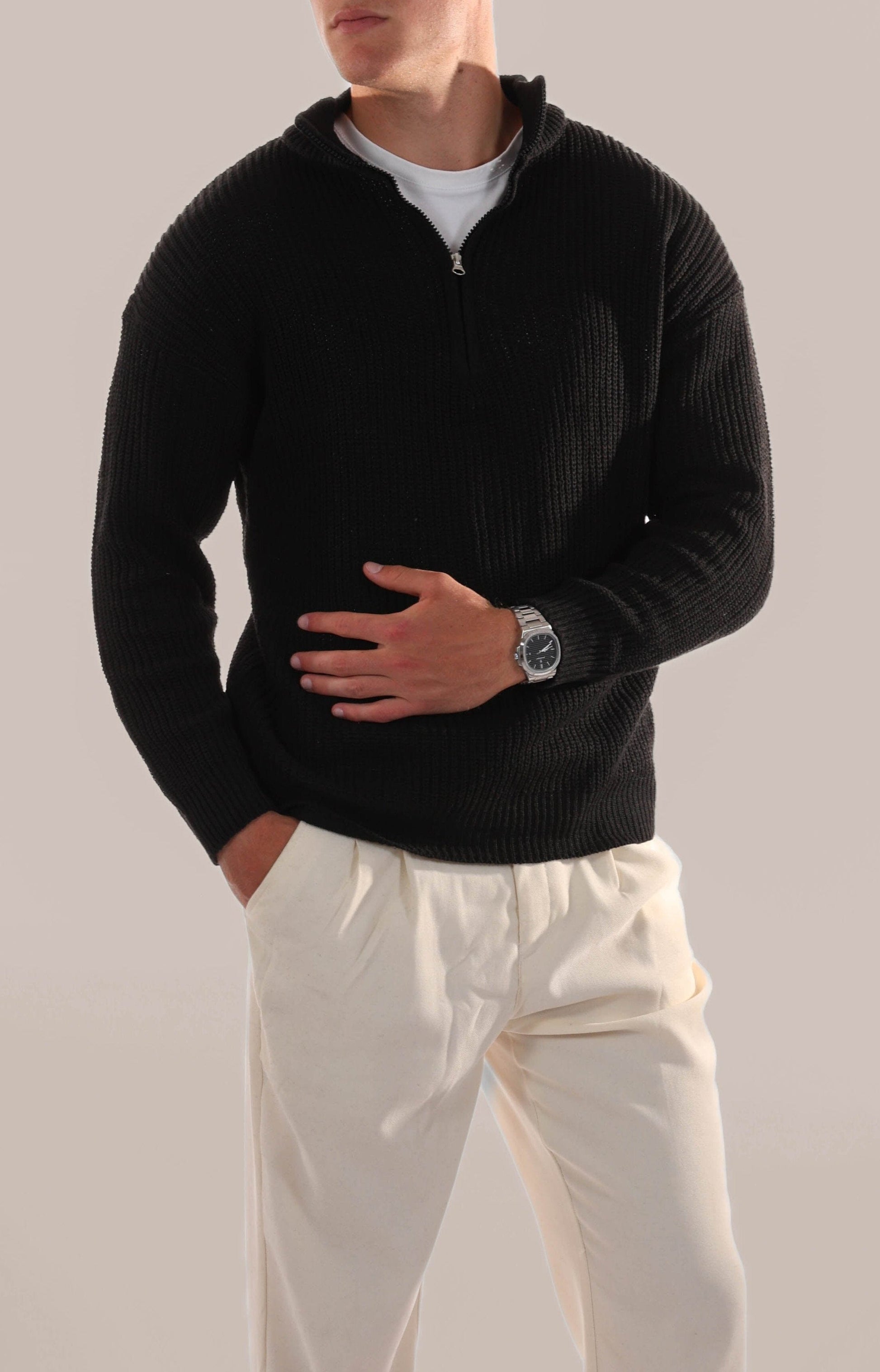 Men's half zip knitted jumper in neutral tones, stand collar, ribbed cuffs, slim streamlined silhouette