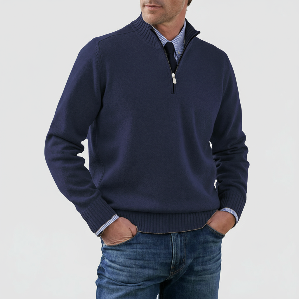 Men's half zip mock neck sweater fine-gauge knit ribbed cuffs hem tailored regular fit layering